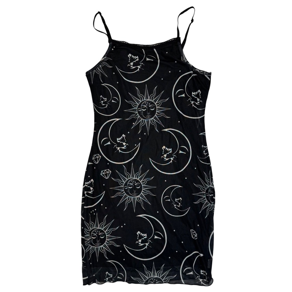 Romwe Womens‎ Black Celestial Sun Moon Mesh Mini Bodycon Dress Size M Medium